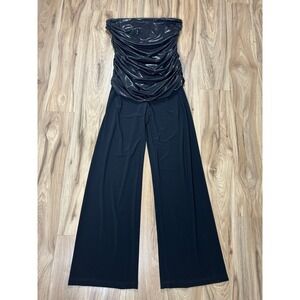 Joseph‎ Ribkoff Jumpsuit Women 10 Black Silver Metallic Ruched Wide Leg Evening
